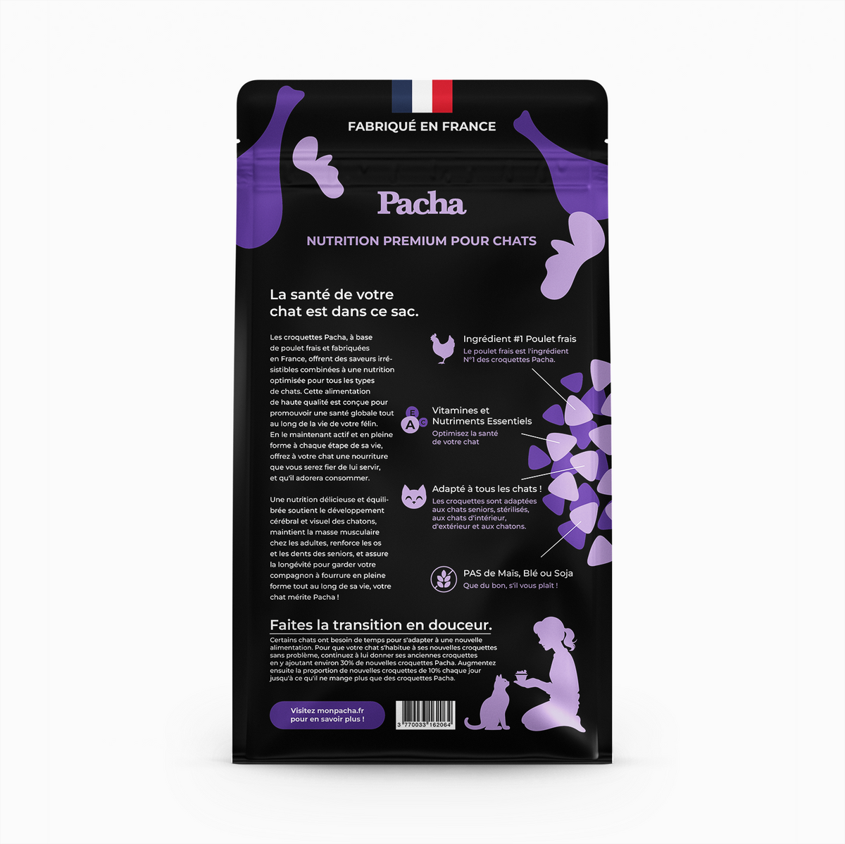 1 sac par mois de Croquettes Pacha™ | 1 Beutel Pacha-Trockenfutter™ pro Monat
